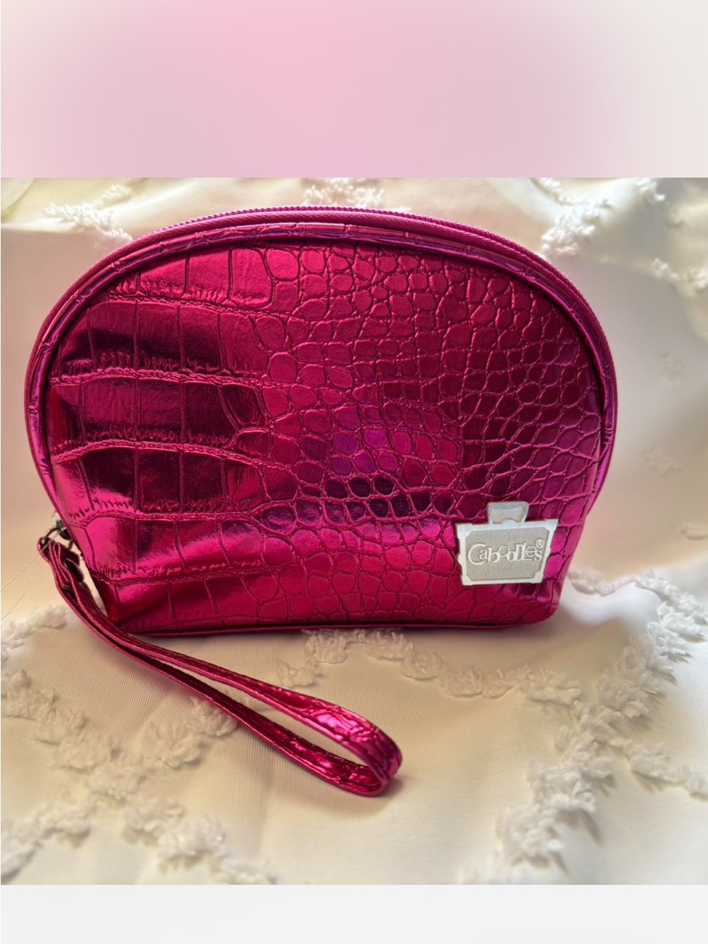 Caboodles Metallic Croc-Embossed Wristlet Cosmetic Bag in Fuchsia